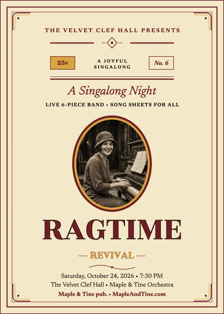 Ragtime revival night invitation, sheet music template