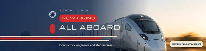 Torvanic Rail crew hiring banner, streamline moderne template