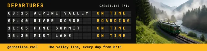 Scenic rail departures LinkedIn banner, split-flap board template