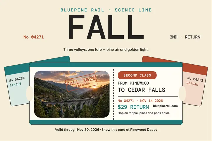 Bluepine Rail fall getaway ticket rack postcard: rail ticket postcard template