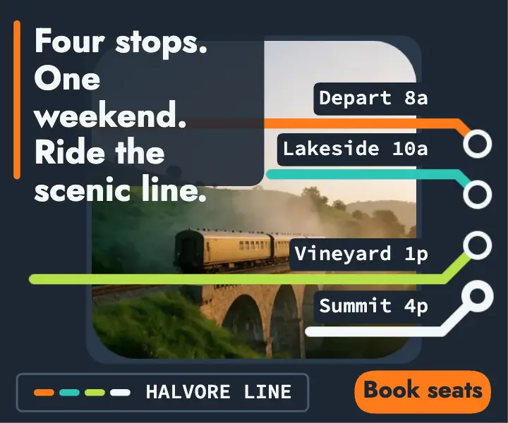 Halvore Line scenic rail weekend transit-map ad template