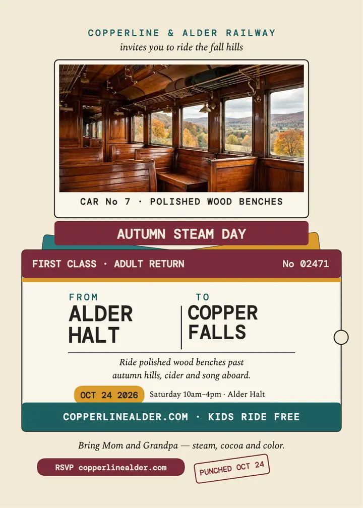 Copperline autumn steam day ticket invitation template