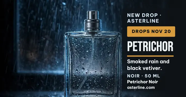 Petrichor Noir rain fragrance launch post template