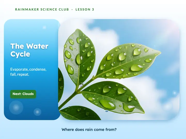 Rainmaker water cycle lesson slide, Frutiger Aero template