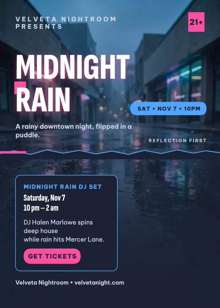 Midnight Rain DJ invitation, puddle reflection: dj night invitation template