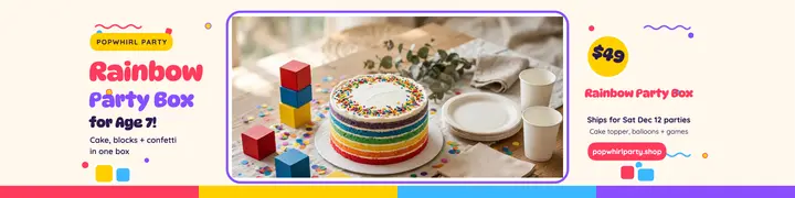 Popwhirl rainbow party box banner: birthday party box banner template