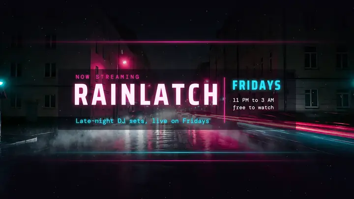 Rainlatch late-night DJ sets neon noir YouTube banner template
