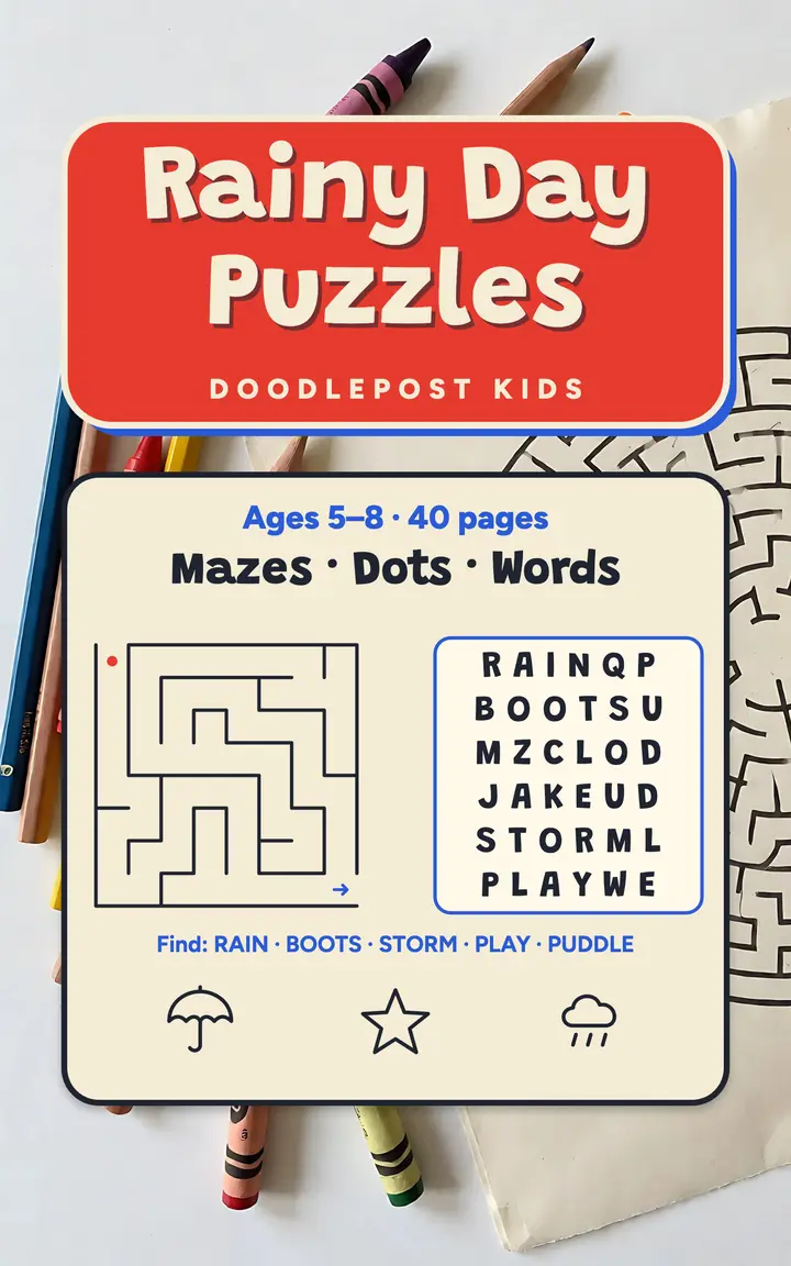 Rainy day puzzles activity book cover template