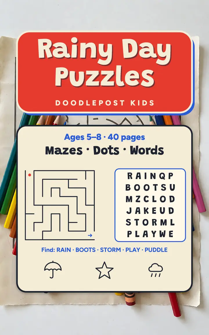 Rainy day puzzles activity book cover template