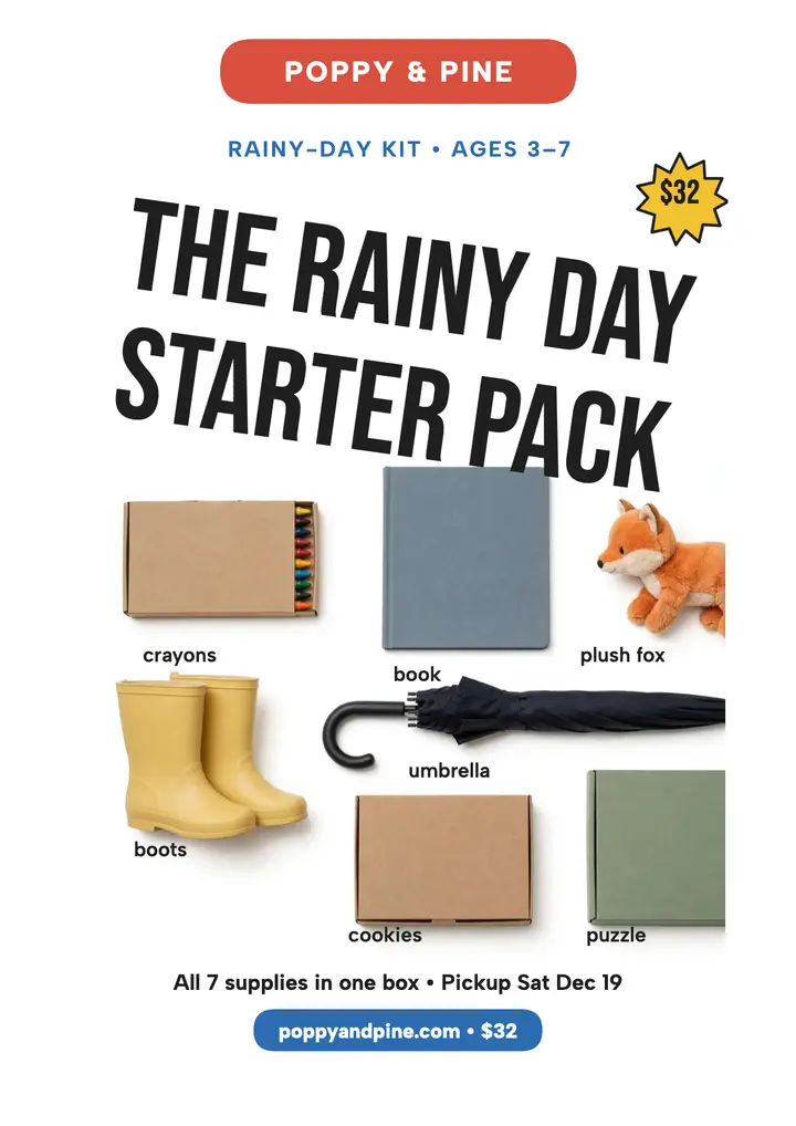 Rainy Day Starter Pack flyer, Poppy and Pine template