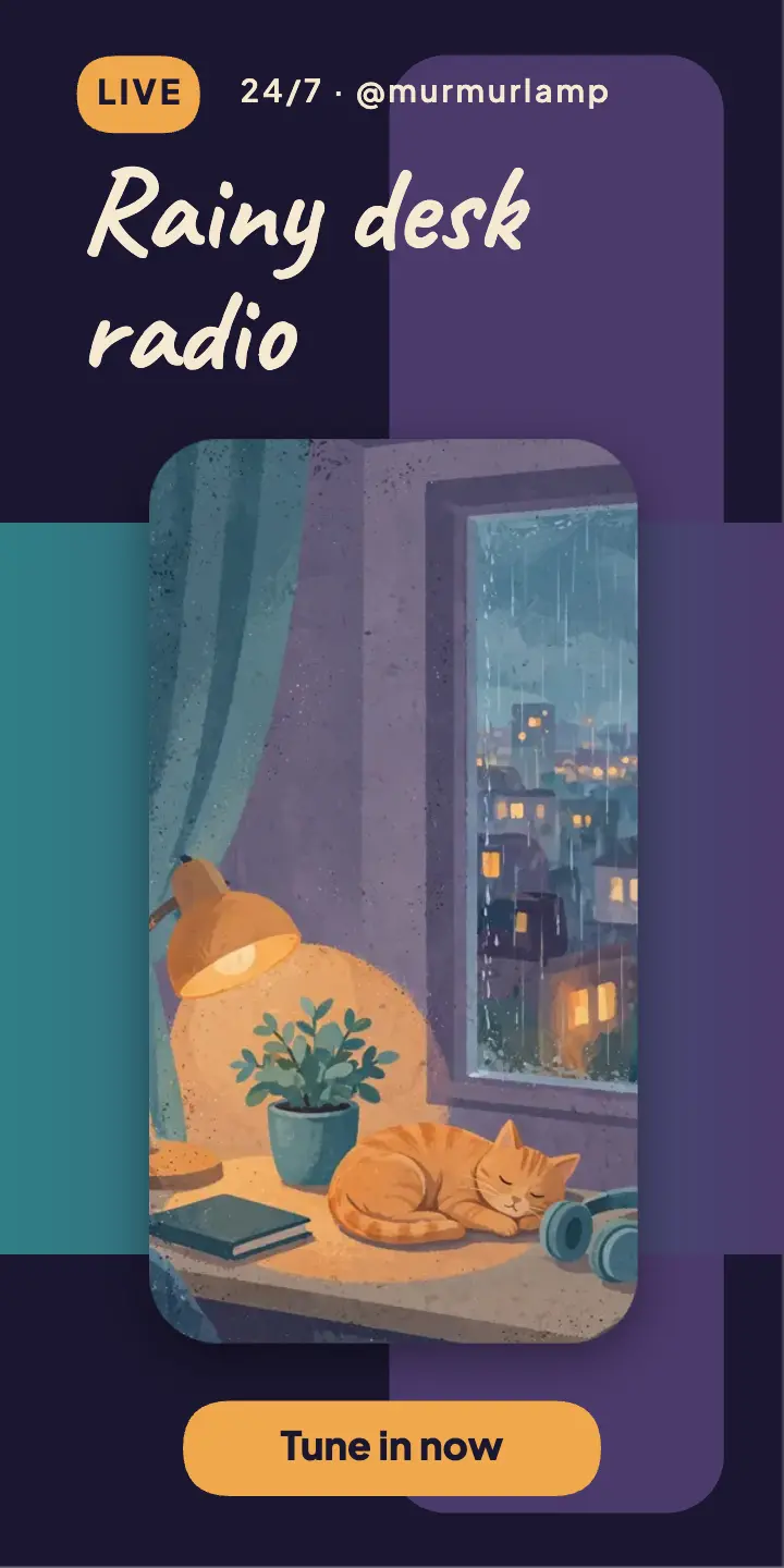Murmurlamp rainy desk radio livestream ad: livestream half page ad template