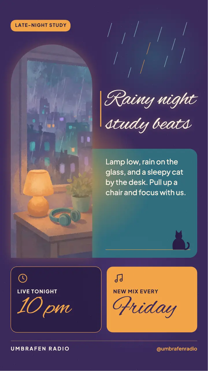 Rainy night study beats live stream story, lo-fi template