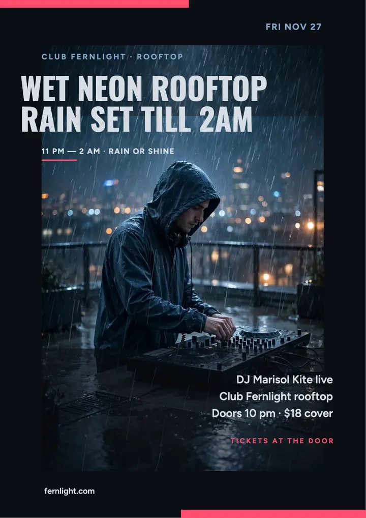 Rainy rooftop DJ set flyer, Club Fernlight template