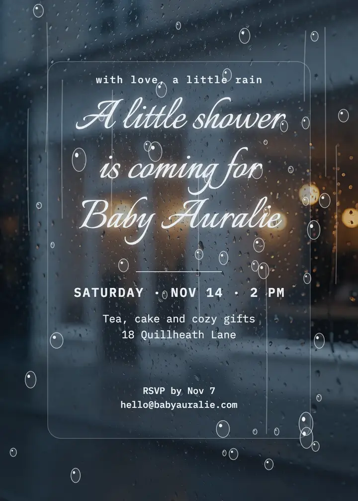 Baby Auralie rainy day shower invitation on fogged glass: baby shower invitation template