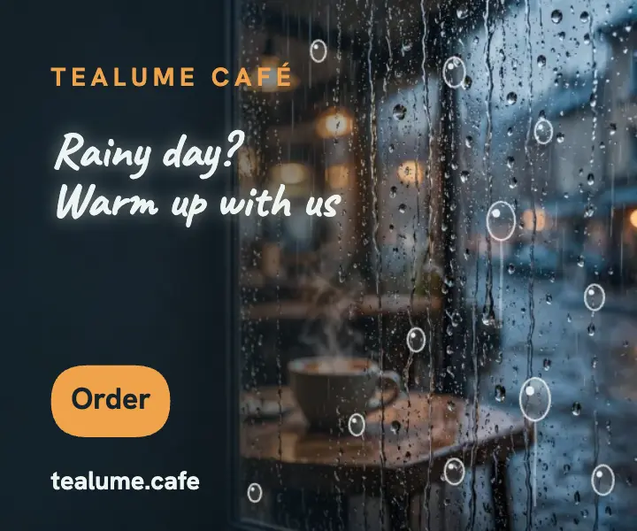 Tealume Café rainy day display ad: cafe display ad template