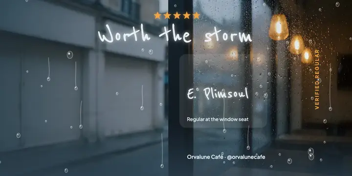 Orvalune Café five-star review, rain on glass template