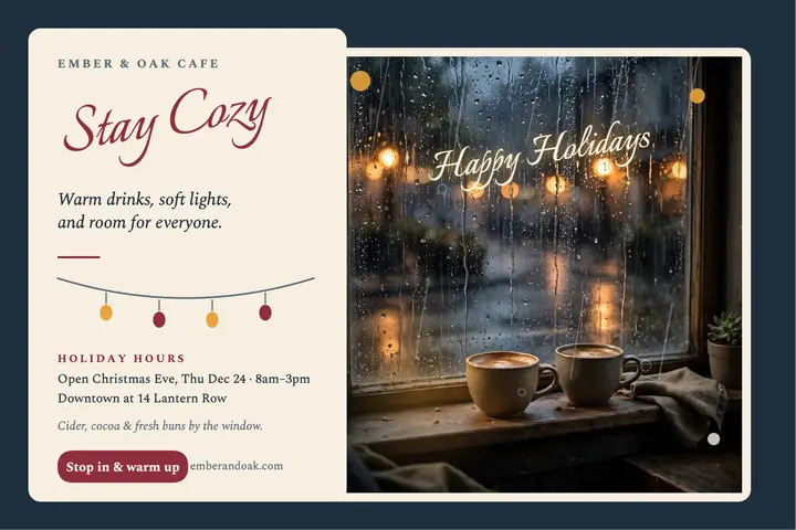 Ember and Oak rainy holiday cafe postcard: holiday cafe postcard template