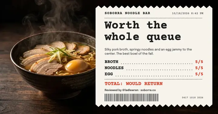 Ramen bar review receipt, Facebook post template