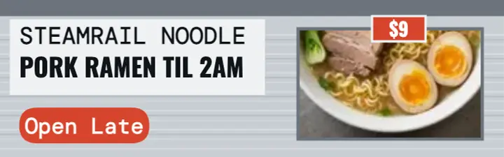 Steamrail Noodle late ramen deal banner: ramen sale banner template