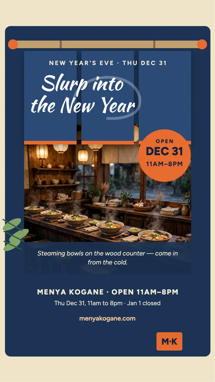Menya Kogane New Year hours story: ramen hours story template