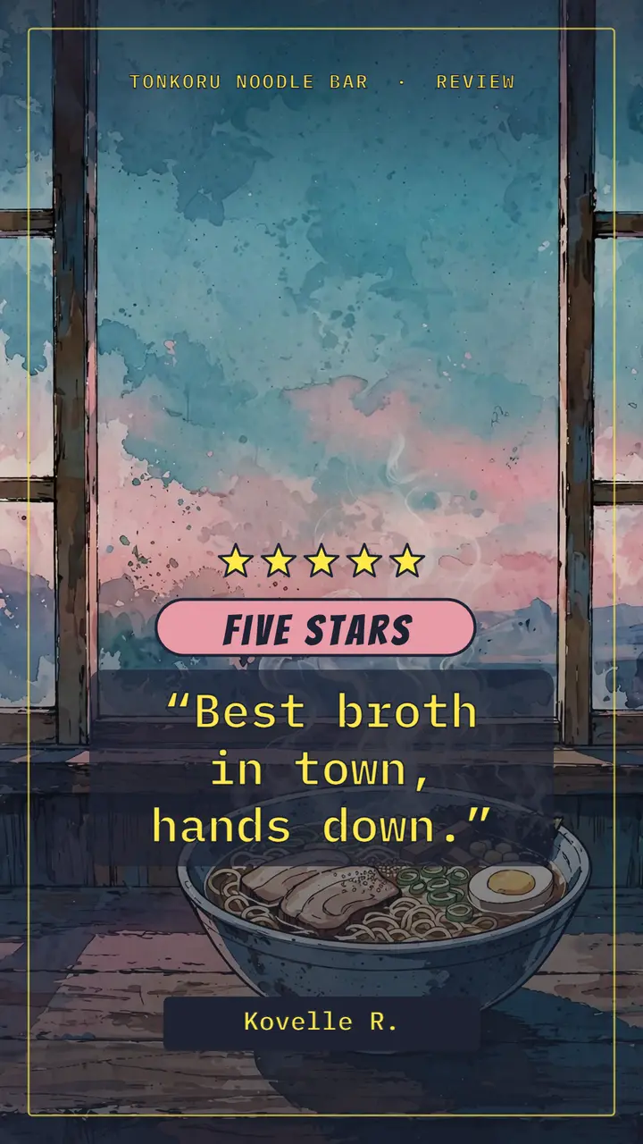 Tonkoru Noodle Bar five-star review story, 90s anime cel template