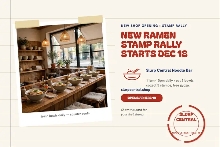 Slurp Central ramen stamp rally postcard template