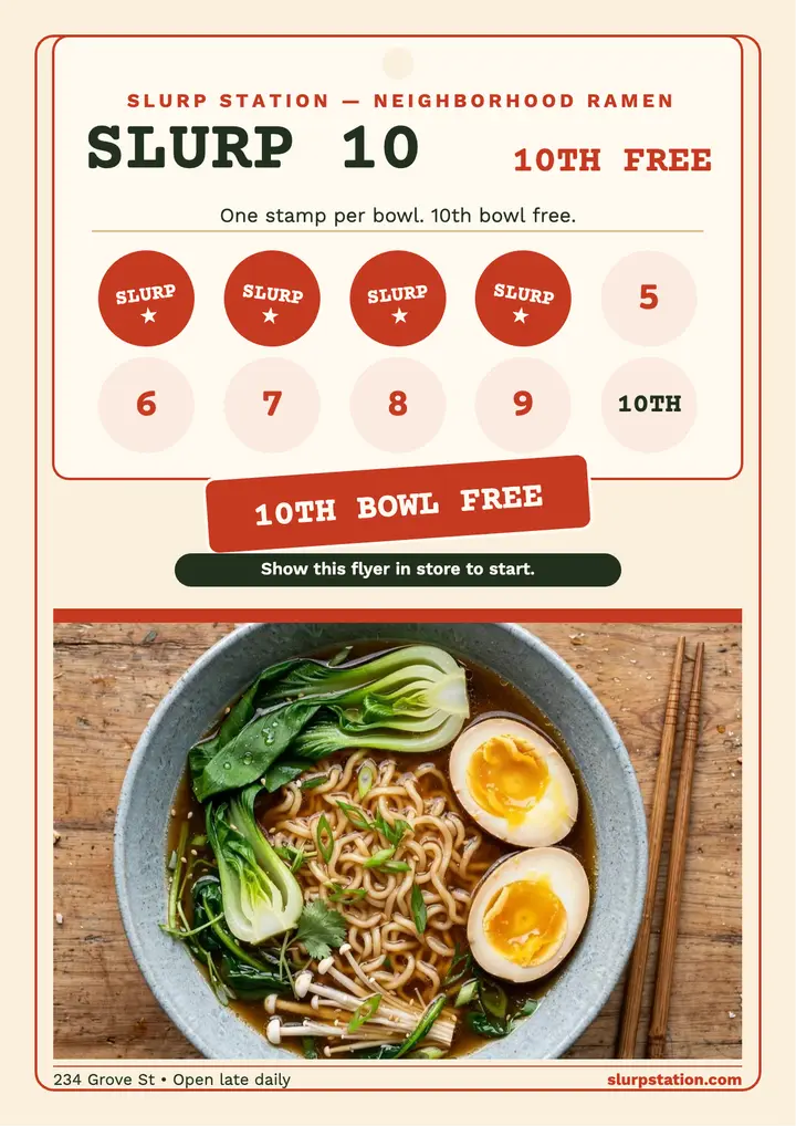 Slurp Station ramen stamp card flyer: ramen stamp card template