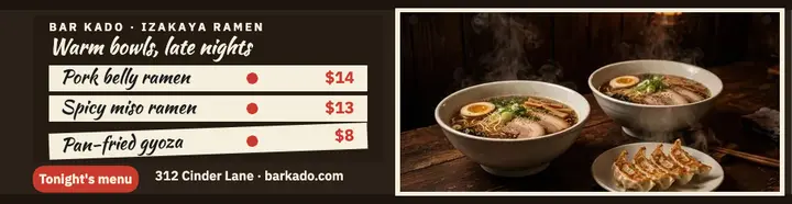 Bar Kado nightly ramen strip menu billboard template