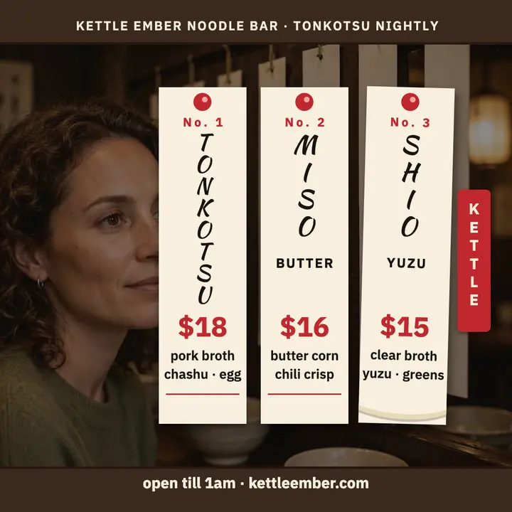 Kettle Ember ramen strip menu, square template