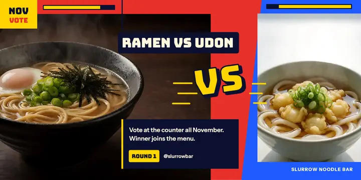 Slurrow Noodle Bar ramen vs udon vote post template