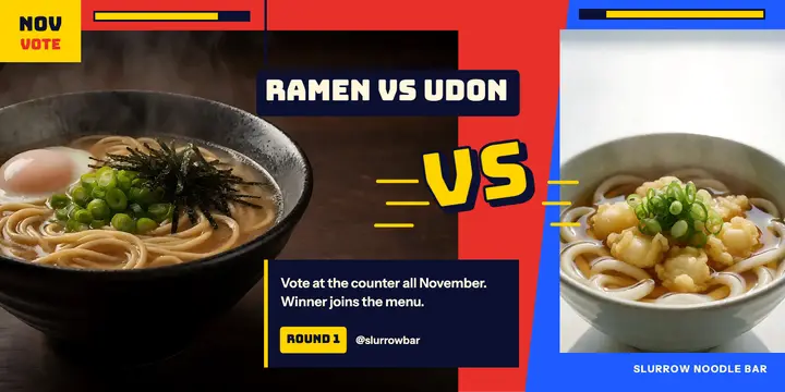 Slurrow Noodle Bar ramen vs udon vote post template