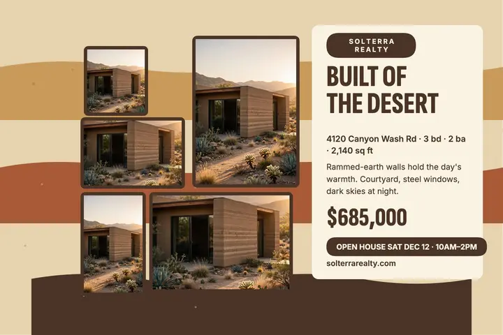 Solterra rammed-earth desert home card template