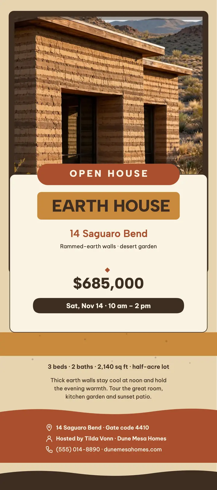 Rammed earth desert home open house card template