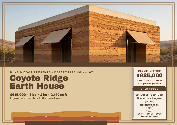 Coyote Ridge rammed-earth home listing certificate: desert home listing template