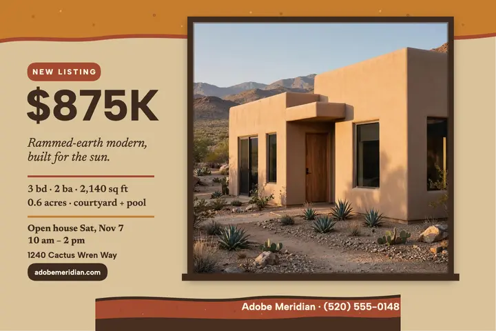 Adobe Meridian desert home listing postcard template