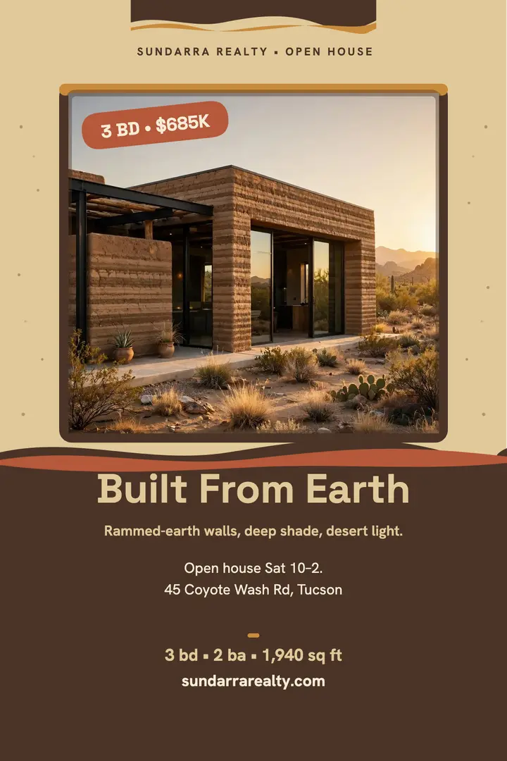 Sundarra rammed earth house listing poster: real estate poster template