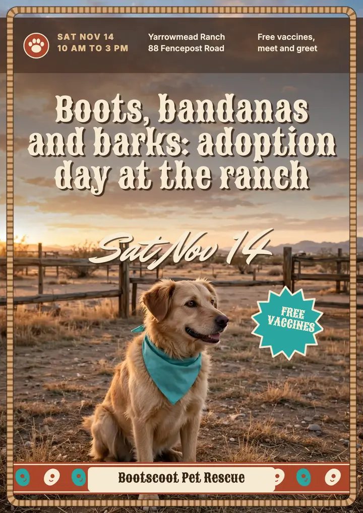 Ranch-themed pet adoption day flyer, Bootscoot Pet Rescue template