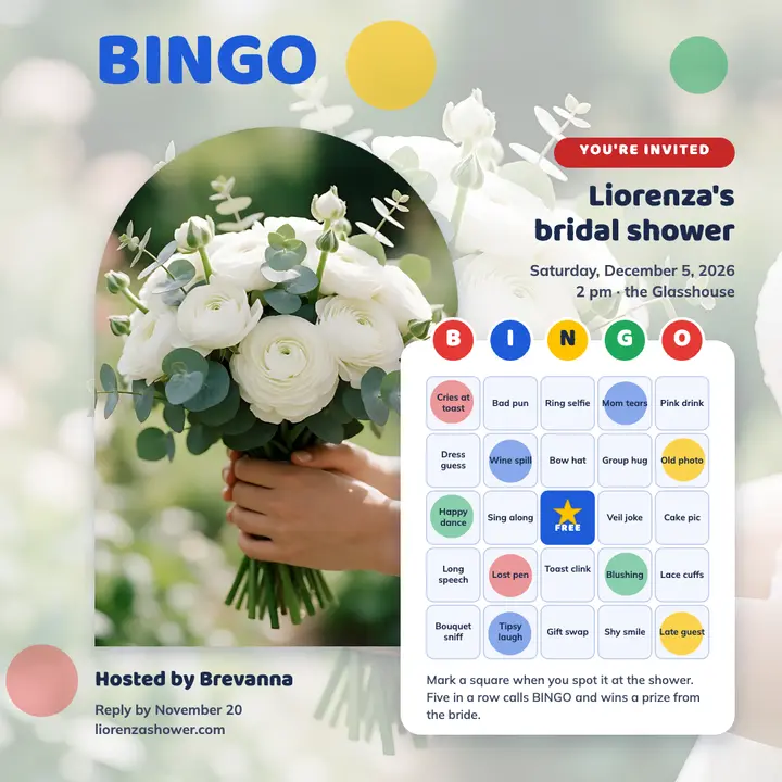 Ranunculus bouquet bridal shower bingo card invitation template
