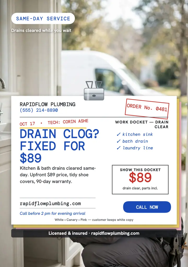 Rapidflow Plumbing work docket flyer: plumber flyer template