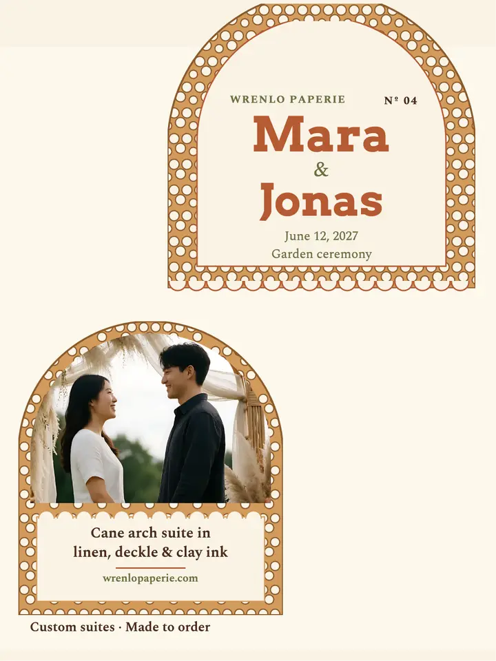Wrenlo rattan arch wedding suite portrait: wedding stationery promo template