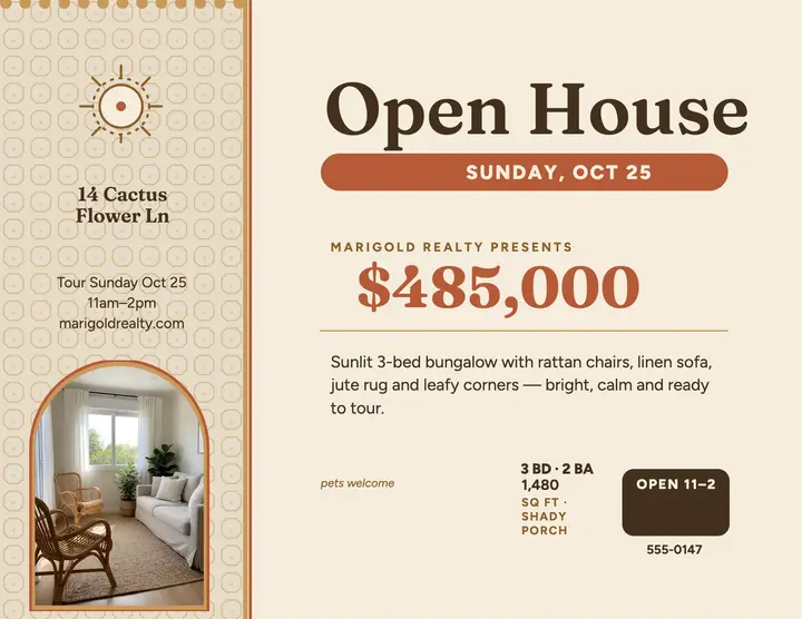 Rattan bungalow open house flyer template