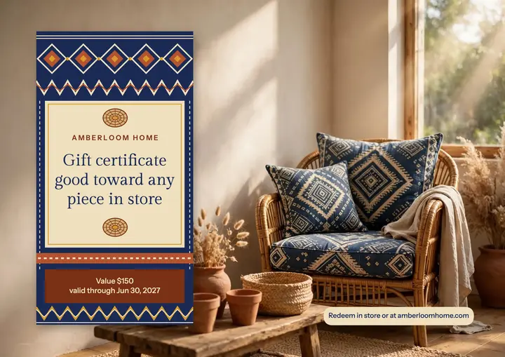 Amberloom Home rattan and textile gift certificate template