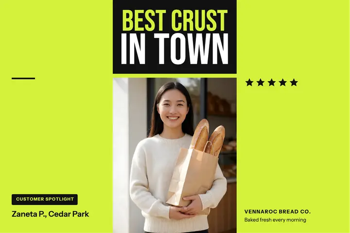 Vennaroc Bread Co. customer spotlight postcard: customer spotlight postcard template