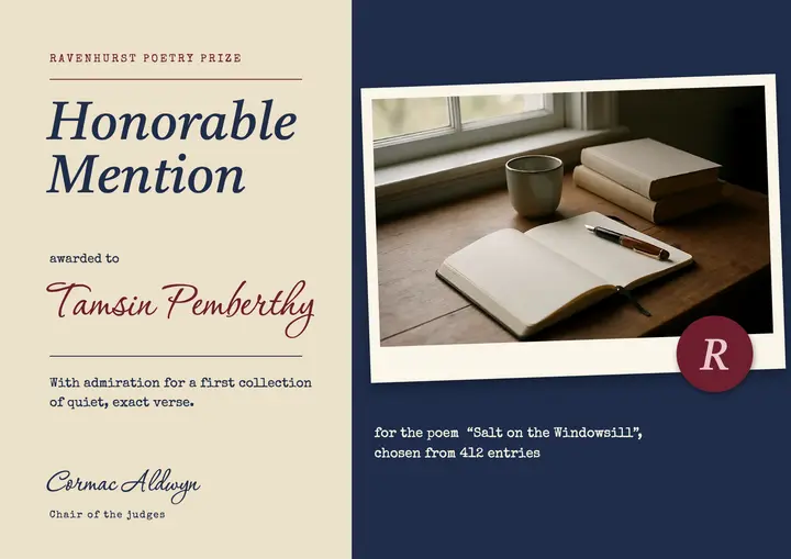 Ravenhurst poetry prize certificate, poetcore template