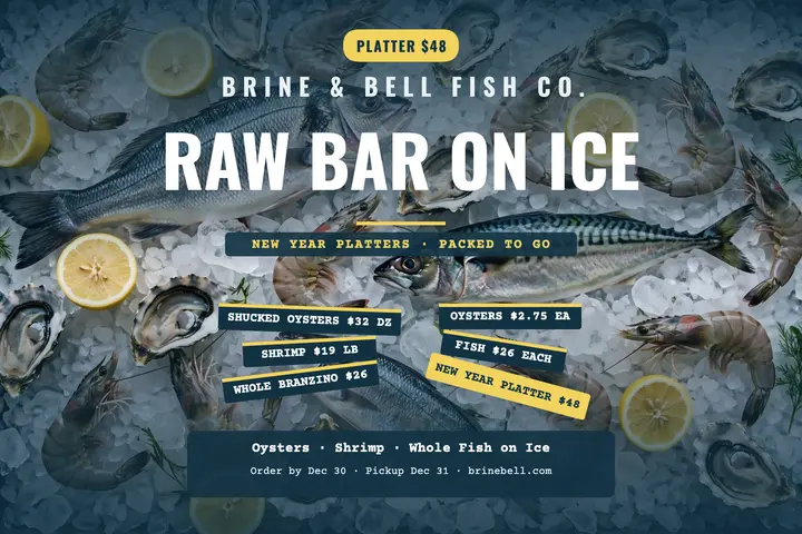 Brine and Bell raw bar New Year postcard: raw bar platter postcard template