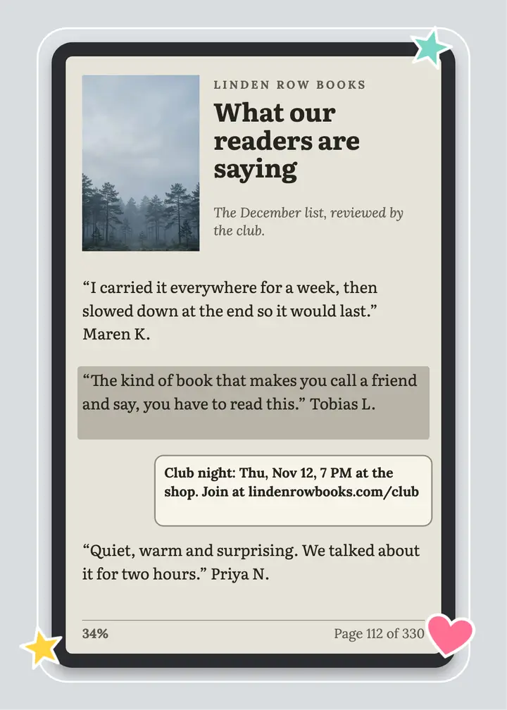 Linden Row Books reader reviews invitation: book club reviews invitation template