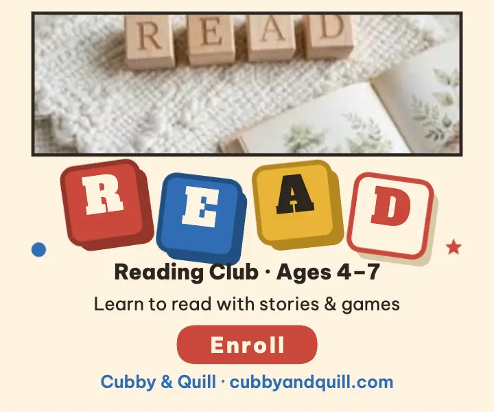Cubby and Quill reading club blocks ad template