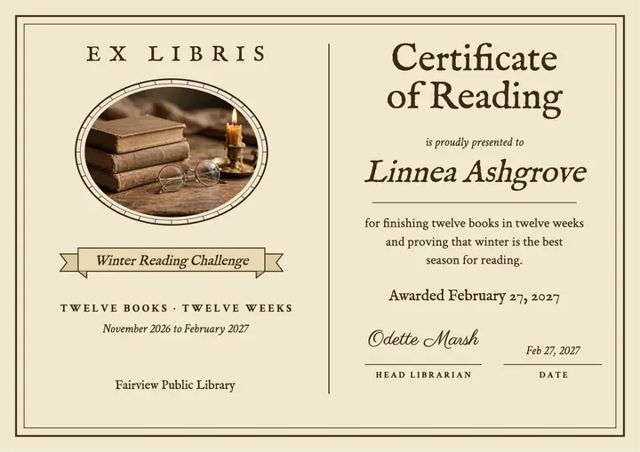 Winter Reading Challenge bookplate certificate template