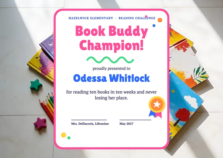 Hazelwick reading challenge certificate, kidcore template