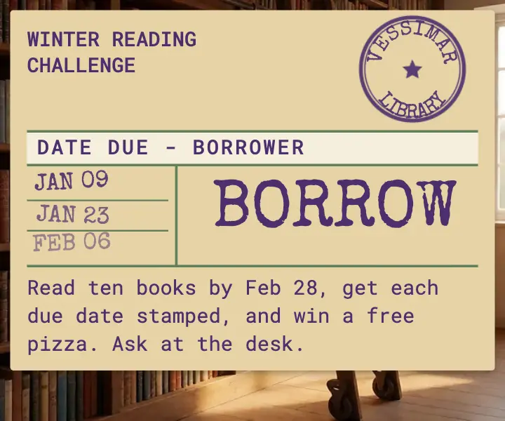 Vessimar Library winter reading challenge ad: library reading challenge ad template